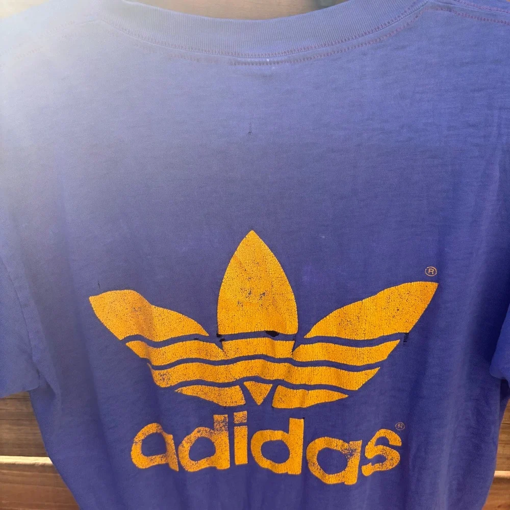 80s Adidas Graphic T-Shirt Mens L Purple Vintage Made in USA Trefoil Distressed